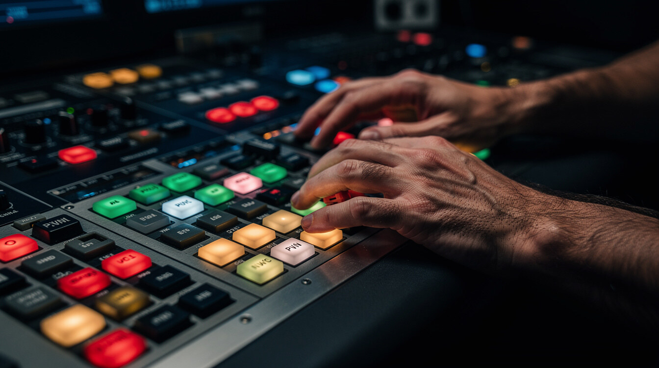 Close up of a technical director's hands on an advanced video switcher during live broadcast