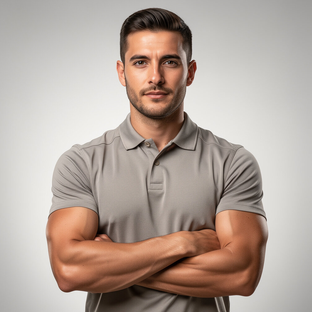 Studio portrait of an Italian man in his late twenties, camera operator