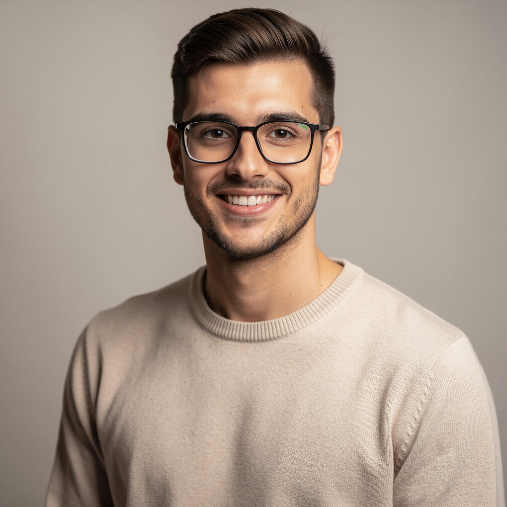 Studio portrait of a young Italian man, video switching student