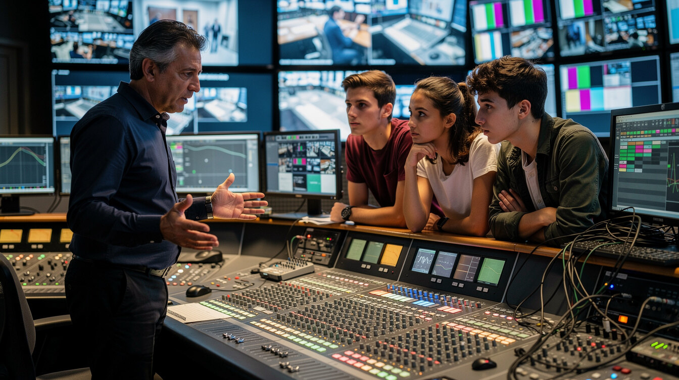 Instructor training a small group in a real television control gallery